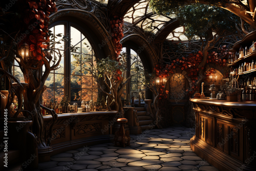 Aufkleber A wine cellar with a mosaic-tiled floor and decorative wall murals, adding a touch of artistry. Generative AI technology.