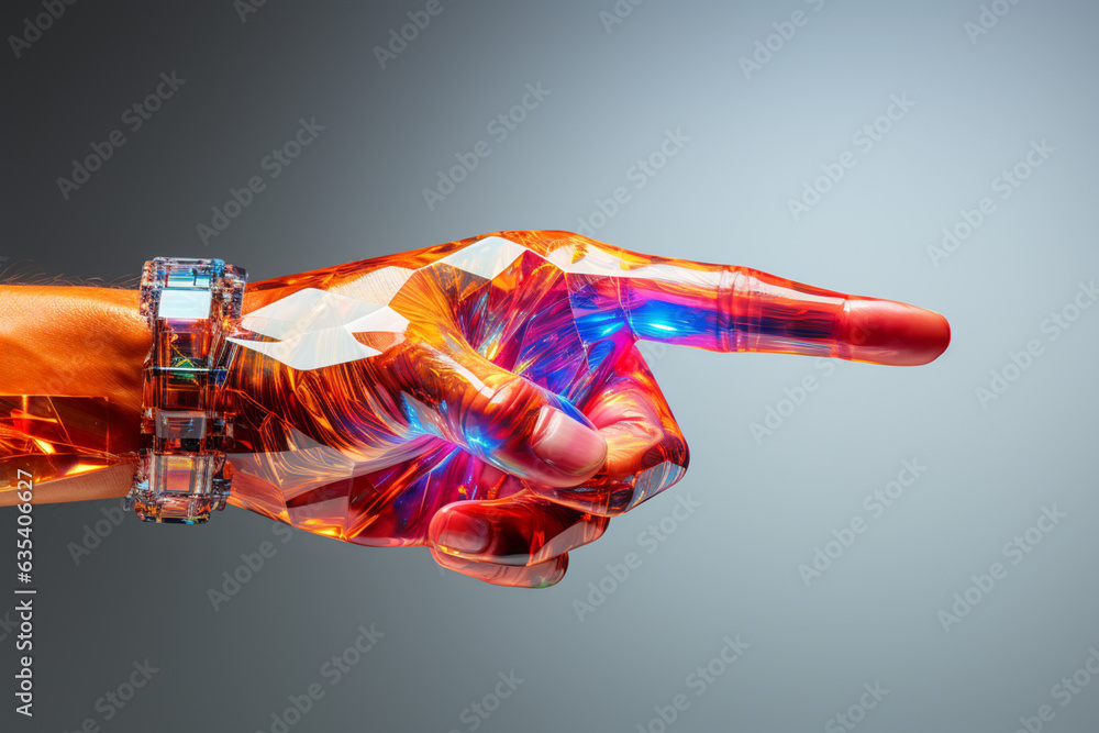 Aufkleber Beautiful illustrations abstract Hand index finger points to NFT Token symbol icon on a multicolor bright background. Generative AI technology.