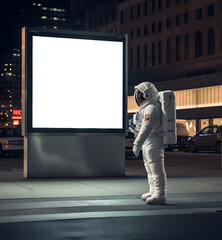 Astronaut looking at display blank clean screen or signboard mockup for offers or advertisement on a city street
