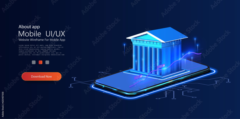 Poster isometric bank building. mobile banking concept. 3d realistic business object. mobile phone and bank