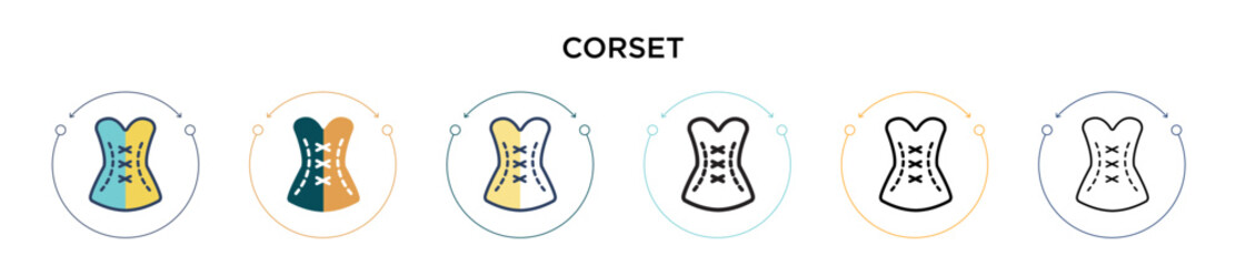 Corset icon in filled, thin line, outline and stroke style. Vector illustration of two colored and black corset vector icons designs can be used for mobile, ui, web