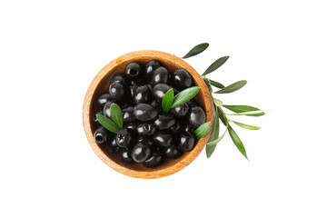 Tasty black olives in a wooden bowl with leaves isolated on a white background. Vegan. Design.