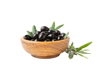 Tasty black olives in a wooden bowl with leaves isolated on a white background. Vegan. Design.
