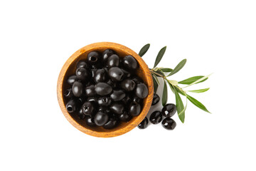 Tasty black olives in a wooden bowl with leaves isolated on a white background. Vegan. Design.