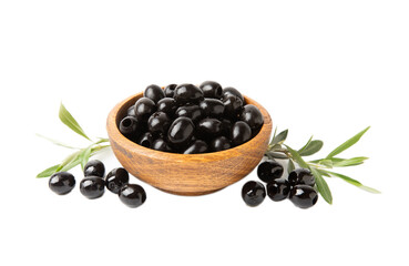 Tasty black olives in a wooden bowl with leaves isolated on a white background. Vegan. Design.