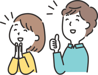 斜め上を見上げて喜んでいる若い夫婦のイラスト