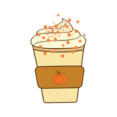 Traditional seasonal fall and Halloween beverage pumpkin spice latte in paper cup with whipped cream and sugar sprinkles. Favorite sweet beverage. Holiday fun concept. Sticker icon for design