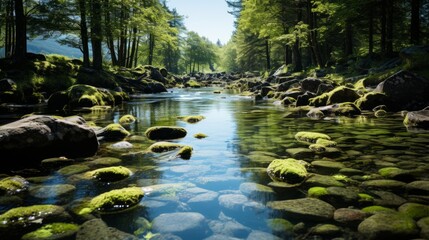 A clear water stream flowing through rocks. AI generated