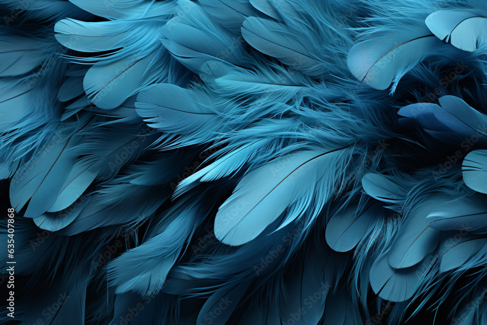 Poster beautiful blue trends feather pattern texture background. macro photography view. generative ai tech