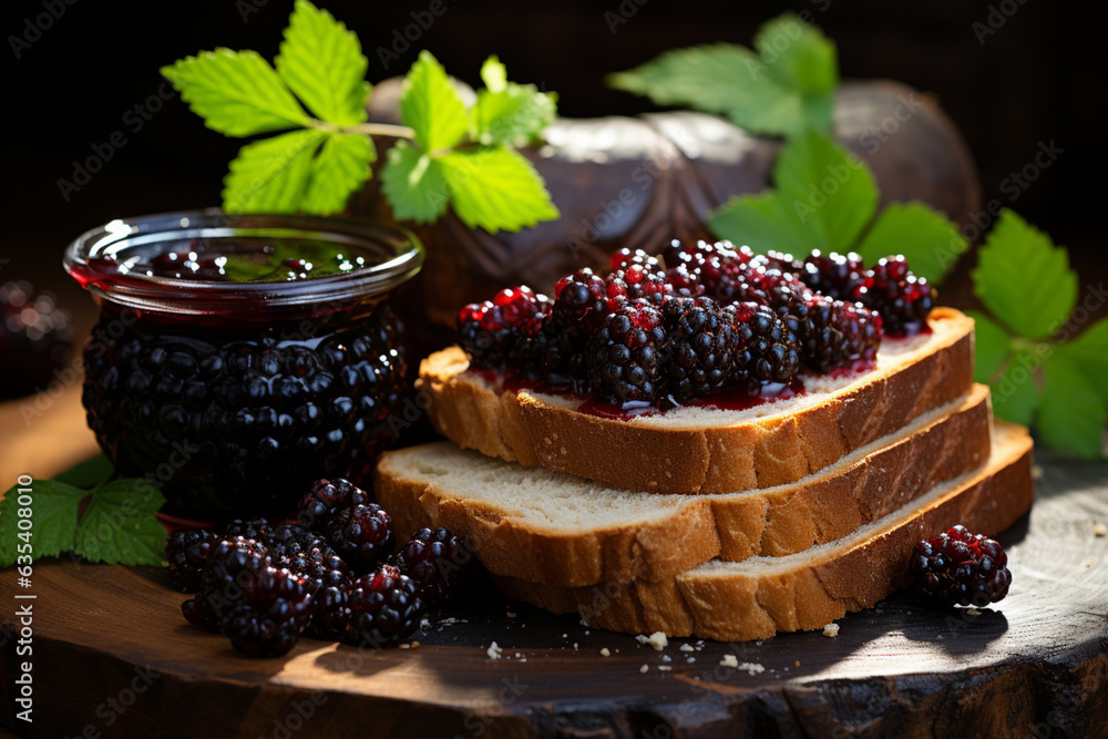 Aufkleber black currant jam with bread on wood background . Generative AI technology.