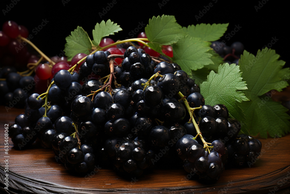 Aufkleber black currant on a wooden background generative ai technology.