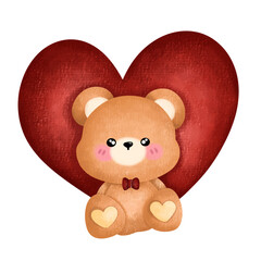 Teddy bear with heart,Cute Brown Bear,watercolor,toy bear ,cartoon,cute, vector ,illustration,hand drawn,graphic,cartoon, teddy bear isolated on white
