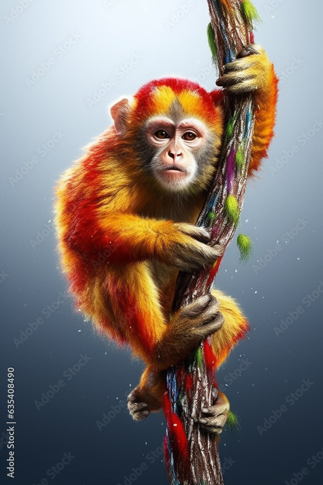 Leinwandbilder a cheeky monkey swinging from a tree branch, its fur covered in drips of bright and bold paint, capt