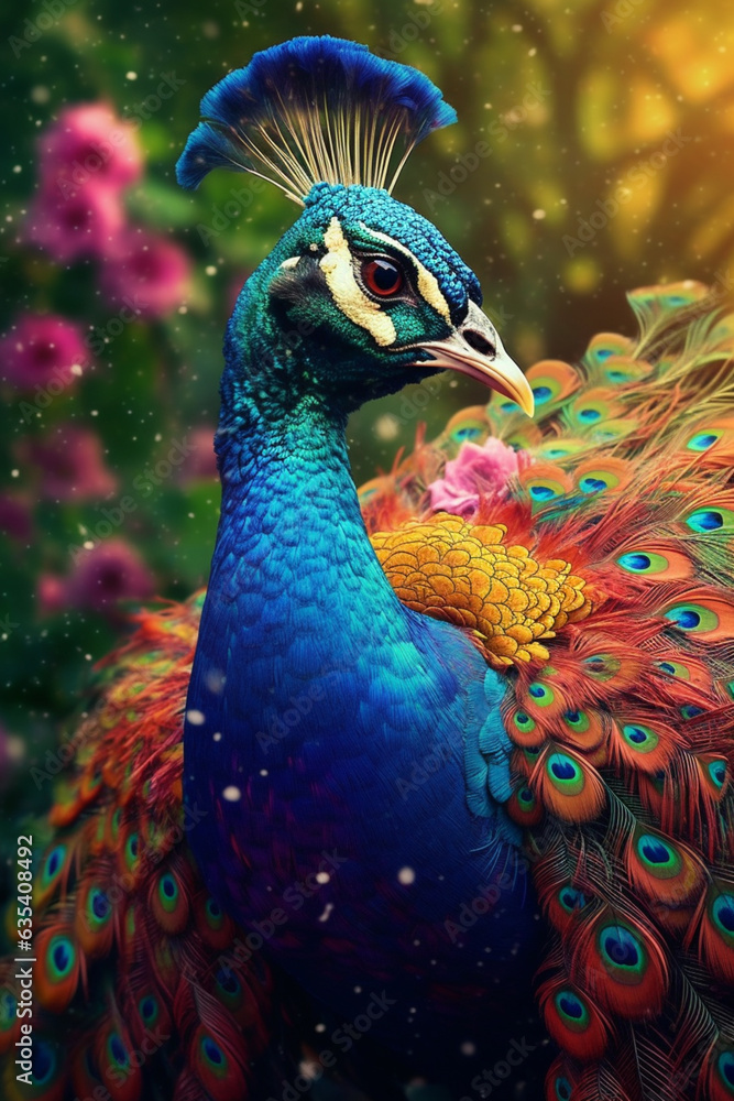 Poster a regal peacock displaying its vibrant feathers, each adorned with colorful paint drips, showcasing 