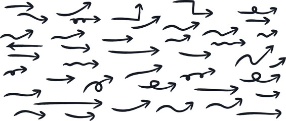 black hand drawn arrow set.Collection of hand drawn isolated arrows. Black doodle arrows.