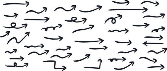 black hand drawn arrow set.Collection of hand drawn isolated arrows. Black doodle arrows.