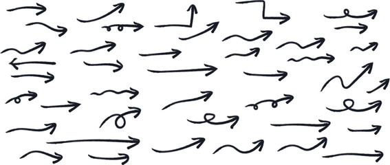 black hand drawn arrow set.Collection of hand drawn isolated arrows. Black doodle arrows.