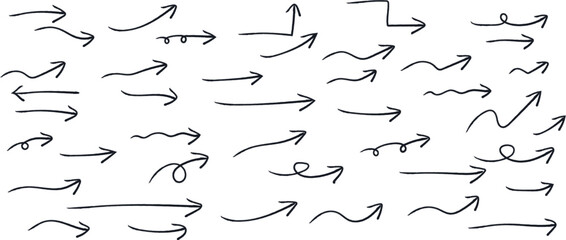black hand drawn arrow set.Collection of hand drawn isolated arrows. Black doodle arrows.