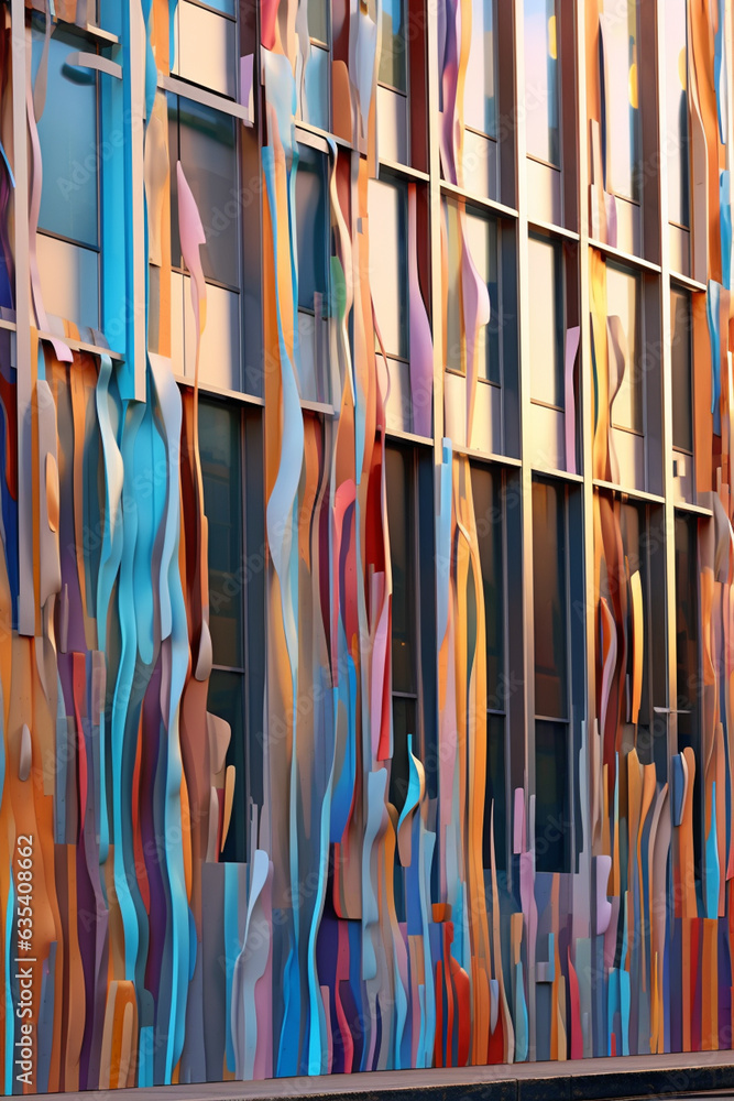 Poster a colorful and abstract mural on a building facade, with paint drips creating a sense of movement an