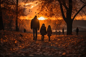 Autumn Sunset Walk People walking into a vibrant sunset - stock photo concepts
