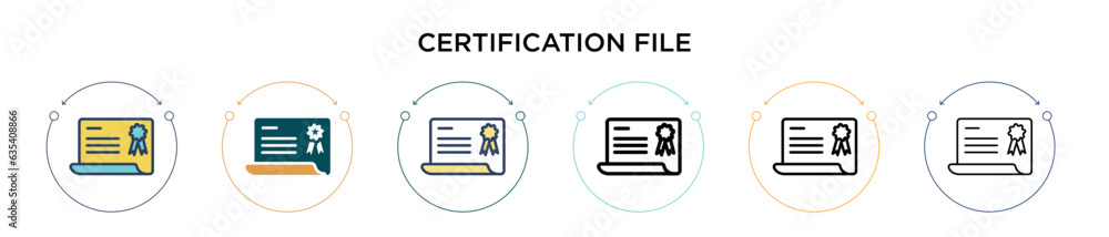 Poster certification file icon in filled, thin line, outline and stroke style. vector illustration of two c