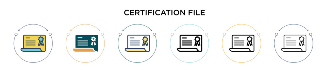 Certification file icon in filled, thin line, outline and stroke style. Vector illustration of two colored and black certification file vector icons designs can be used for mobile, ui, web