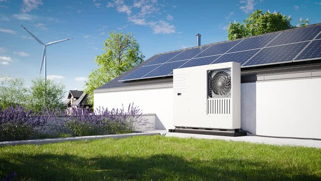 Green roof with grass covering and an installed heat pump with photovoltaic panels on the roof of a single-family house. An ecological source of heating and air conditioning. 3d render