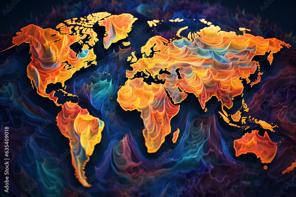 Poster an abstract world map composed of vibrant, swirling colors, representing the diversity and interconn