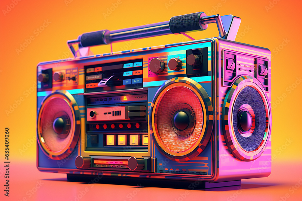 Poster a retro boombox with a cassette player and radio tuner, featuring a bold geometric pattern in vibran