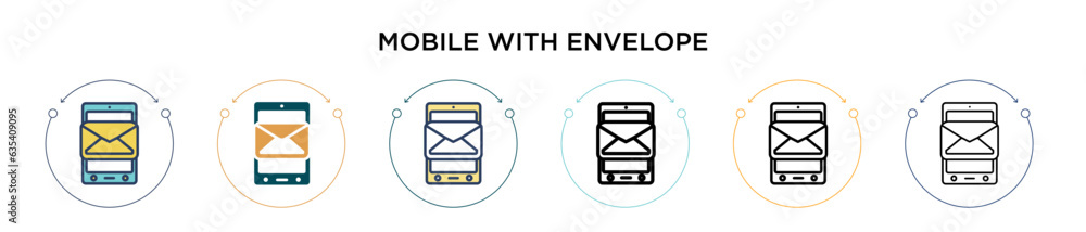 Poster mobile with envelope icon in filled, thin line, outline and stroke style. vector illustration of two