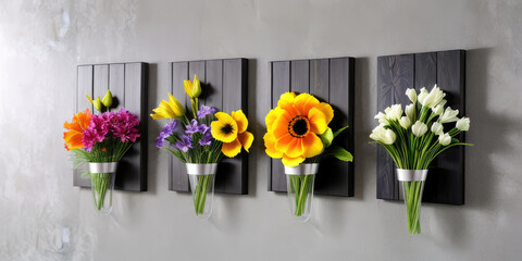 Creative wall decor close-up beautiful flowers display