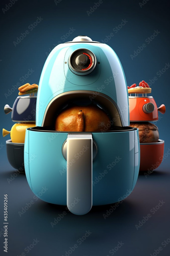 Poster A versatile air fryer with multiple cooking functions, enabling users to enjoy crispy and healthier versions of their favorite fried foods.  Generative AI technology.