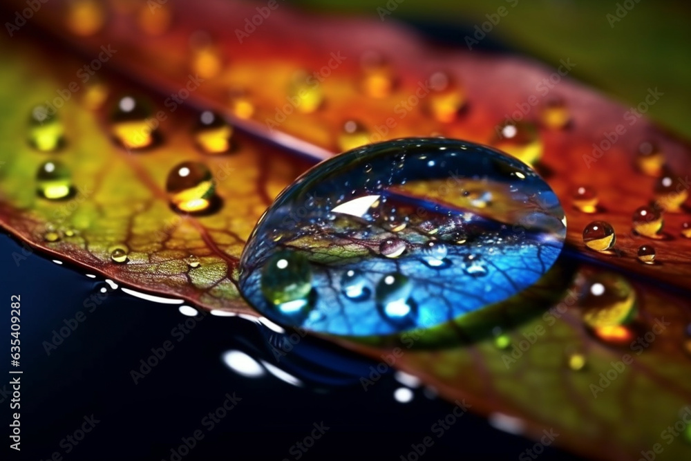 Poster a droplet of water on a leaf, showcasing the mesmerizing reflections and surface tension at a micros