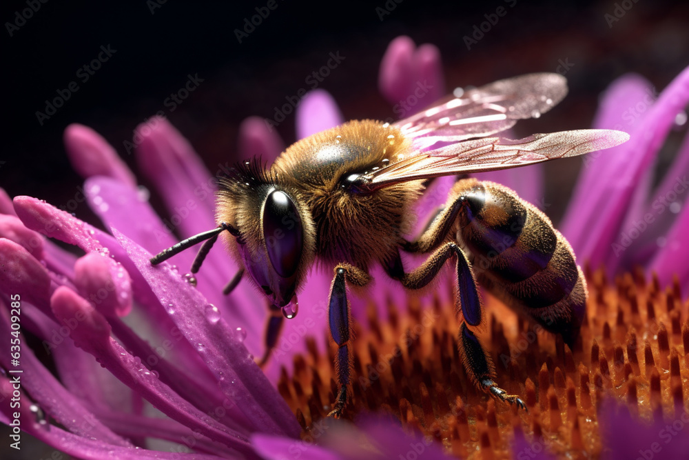 Aufkleber a close-up of a bee collecting pollen from a flower, highlighting the fine hairs and intricate anato