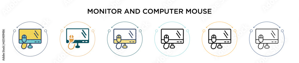 Poster monitor and computer mouse icon in filled, thin line, outline and stroke style. vector illustration 
