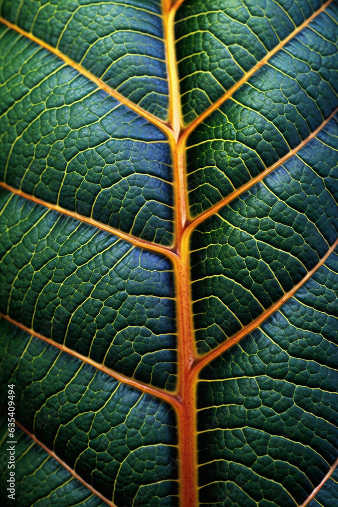 Aufkleber The intricate patterns and textures of a tree leaf, revealing its veins, serrations, and unique coloration. Generative AI technology.