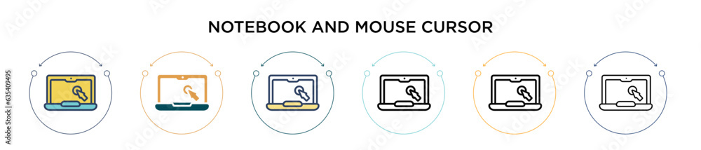 Poster notebook and mouse cursor icon in filled, thin line, outline and stroke style. vector illustration o