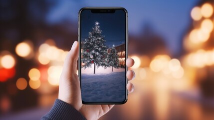 Young woman takes pictures of Christmas tree on smartphone. Close-up created with Generative AI technology