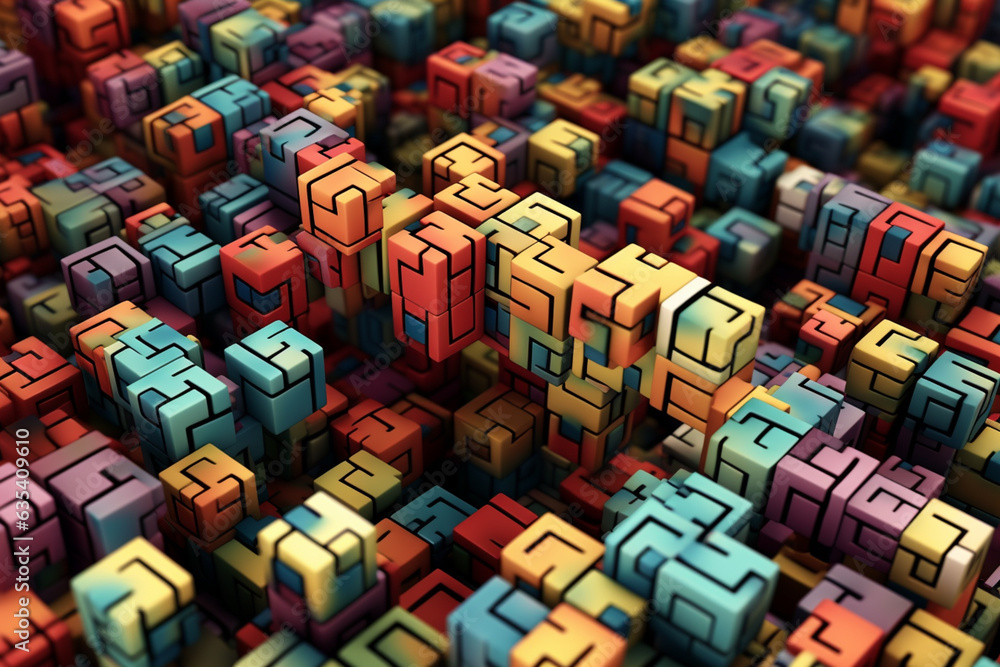 Poster a complex pattern of interlocking puzzle cubes, resembling a three-dimensional maze or puzzle. gener