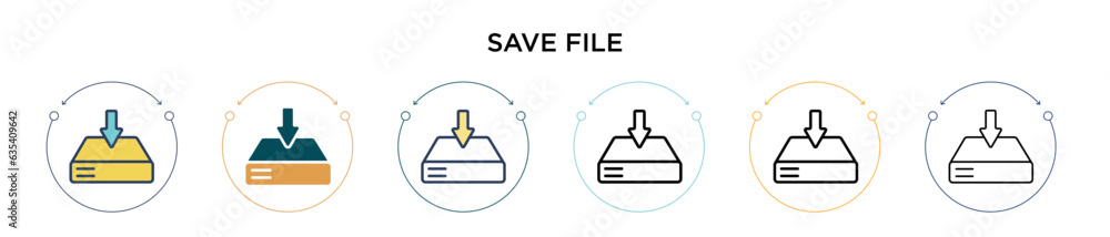 Poster save file icon in filled, thin line, outline and stroke style. vector illustration of two colored an