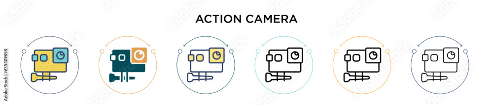 Poster action camera icon in filled, thin line, outline and stroke style. vector illustration of two colore