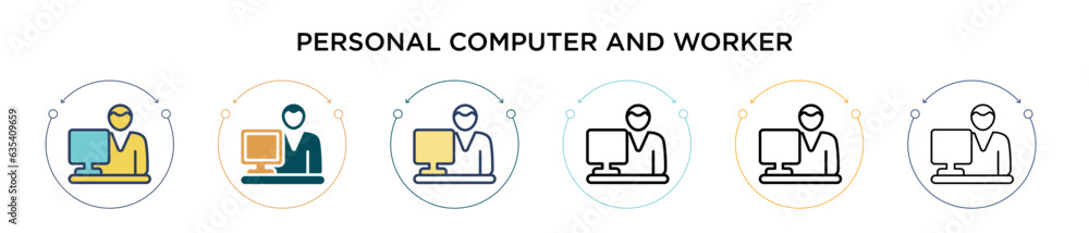 Poster personal computer and worker icon in filled, thin line, outline and stroke style. vector illustratio