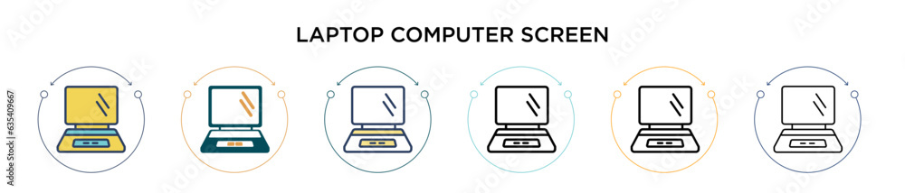 Poster laptop computer screen icon in filled, thin line, outline and stroke style. vector illustration of t
