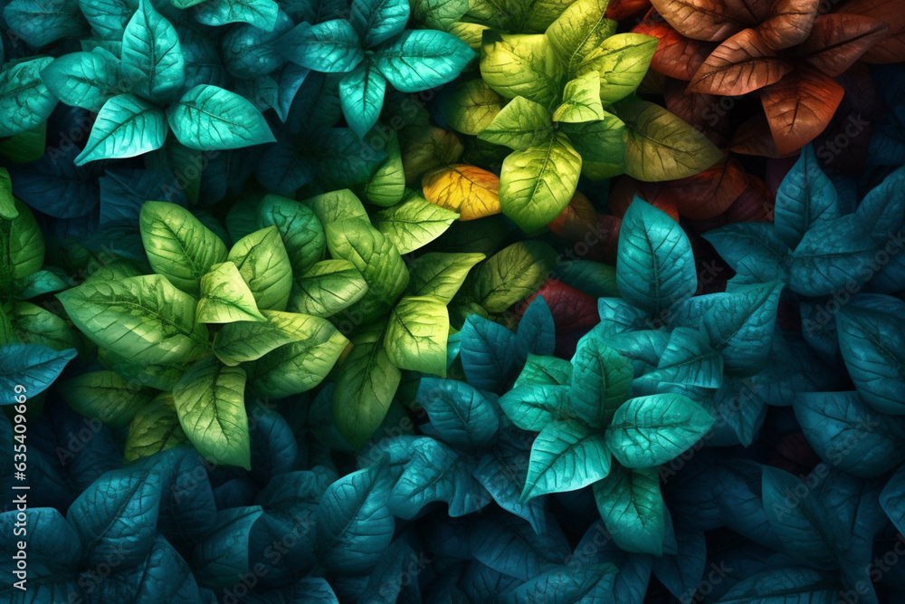 Poster a tessellated design of interlocking leaves and branches, resembling a lush forest canopy. generativ