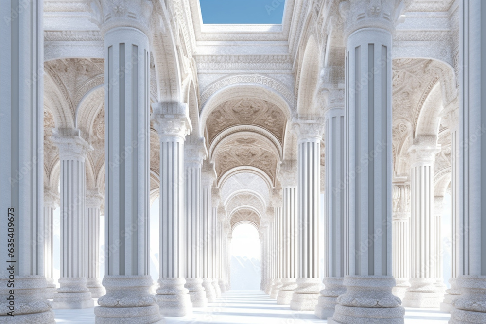 Poster a symmetrical design of interlocking architectural arches and columns, reminiscent of ancient struct