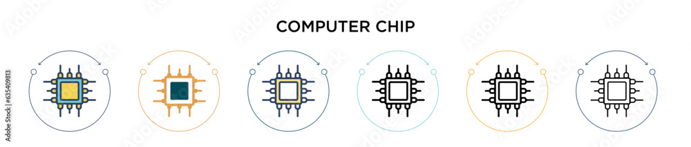 Poster computer chip icon in filled, thin line, outline and stroke style. vector illustration of two colore