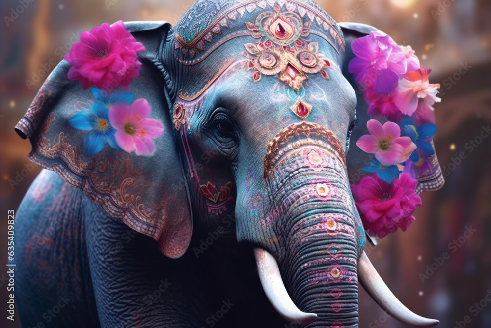 Poster a pastel elephant with gentle brushstrokes and delicate gradients, adorned with floral patterns and 