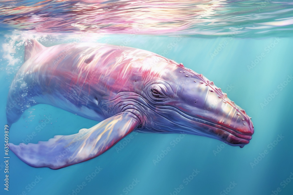 Poster a pastel whale swimming in a sea of soft pastel waves, its gentle presence conveying a sense of calm
