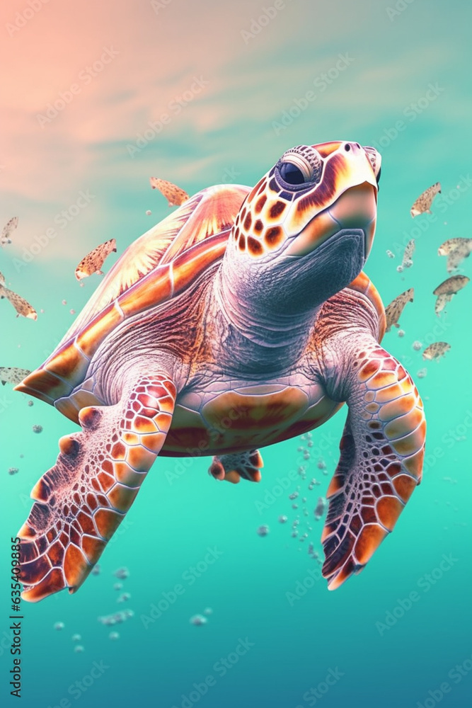 Poster a pastel turtle with a shell in soft shades of mint and peach, moving leisurely through a pastel aqu