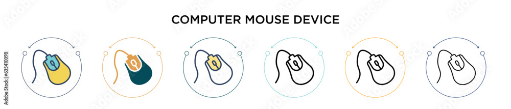 Poster computer mouse device icon in filled, thin line, outline and stroke style. vector illustration of tw
